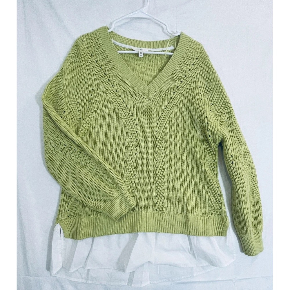 Terra & Sky Sweater Women's Sz 14W Green V Neck Open Knit Shirttail Layered Hem